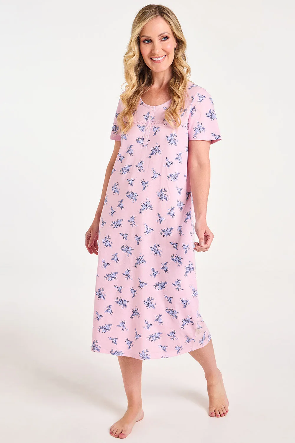 100% Cotton Floral Print Nightdress with Lace Detail