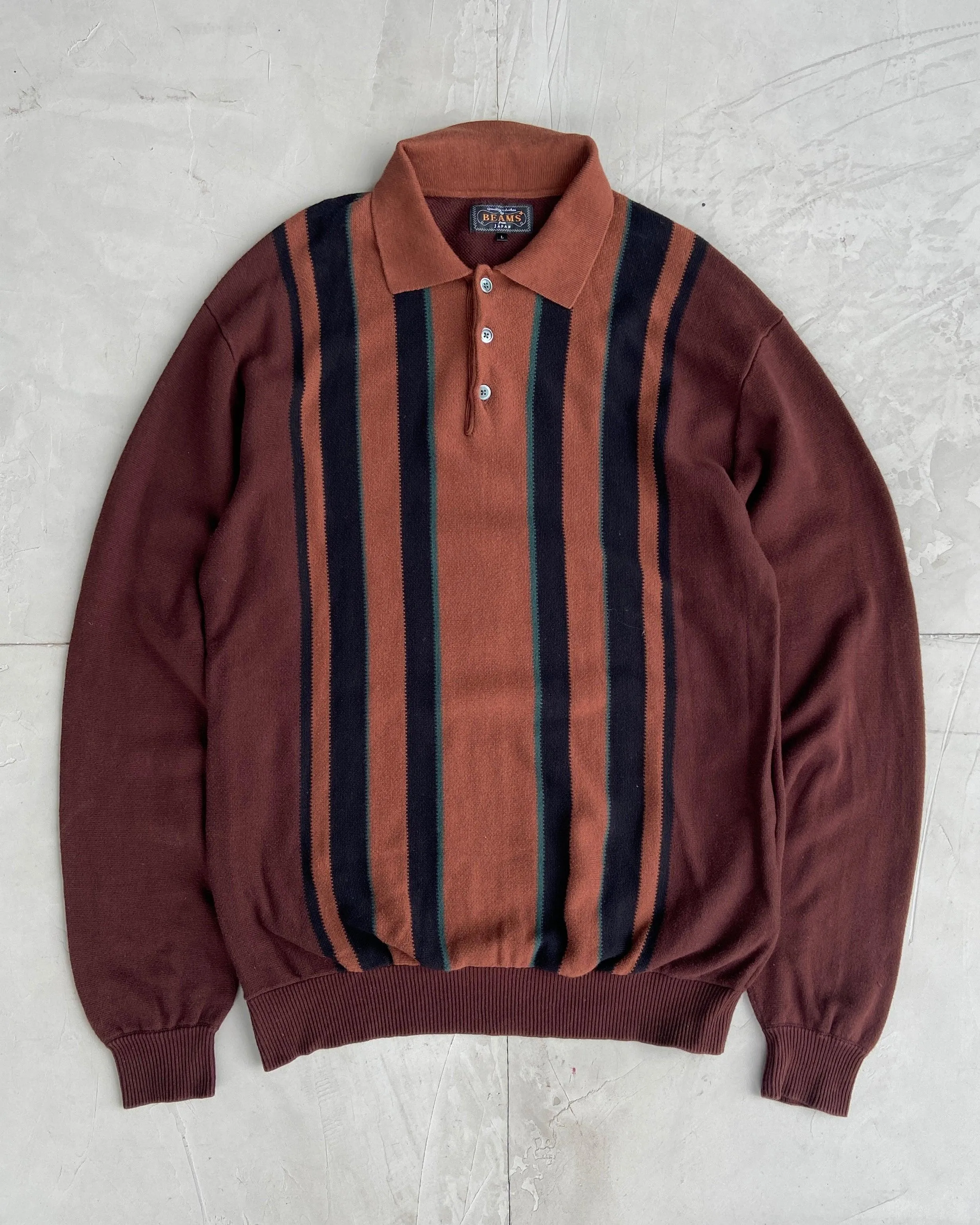 BEAMS JAPAN STRIPED LONG SLEEVE POLO TOP - L