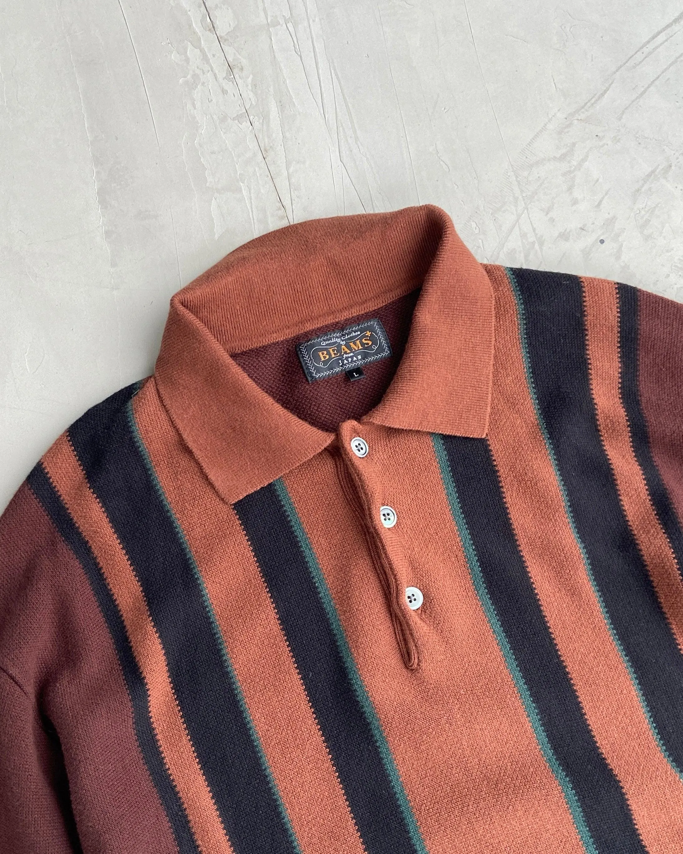 BEAMS JAPAN STRIPED LONG SLEEVE POLO TOP - L