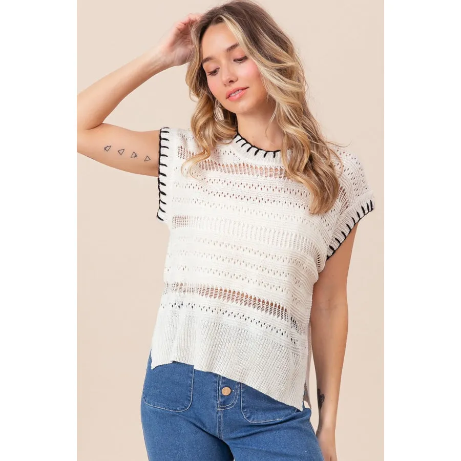 BiBi Stitch Edge Pointelle Side Slit Sweater Vest