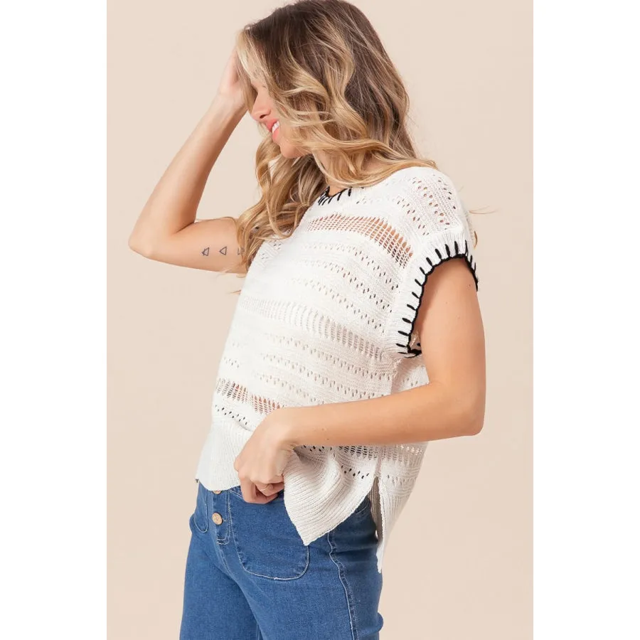 BiBi Stitch Edge Pointelle Side Slit Sweater Vest