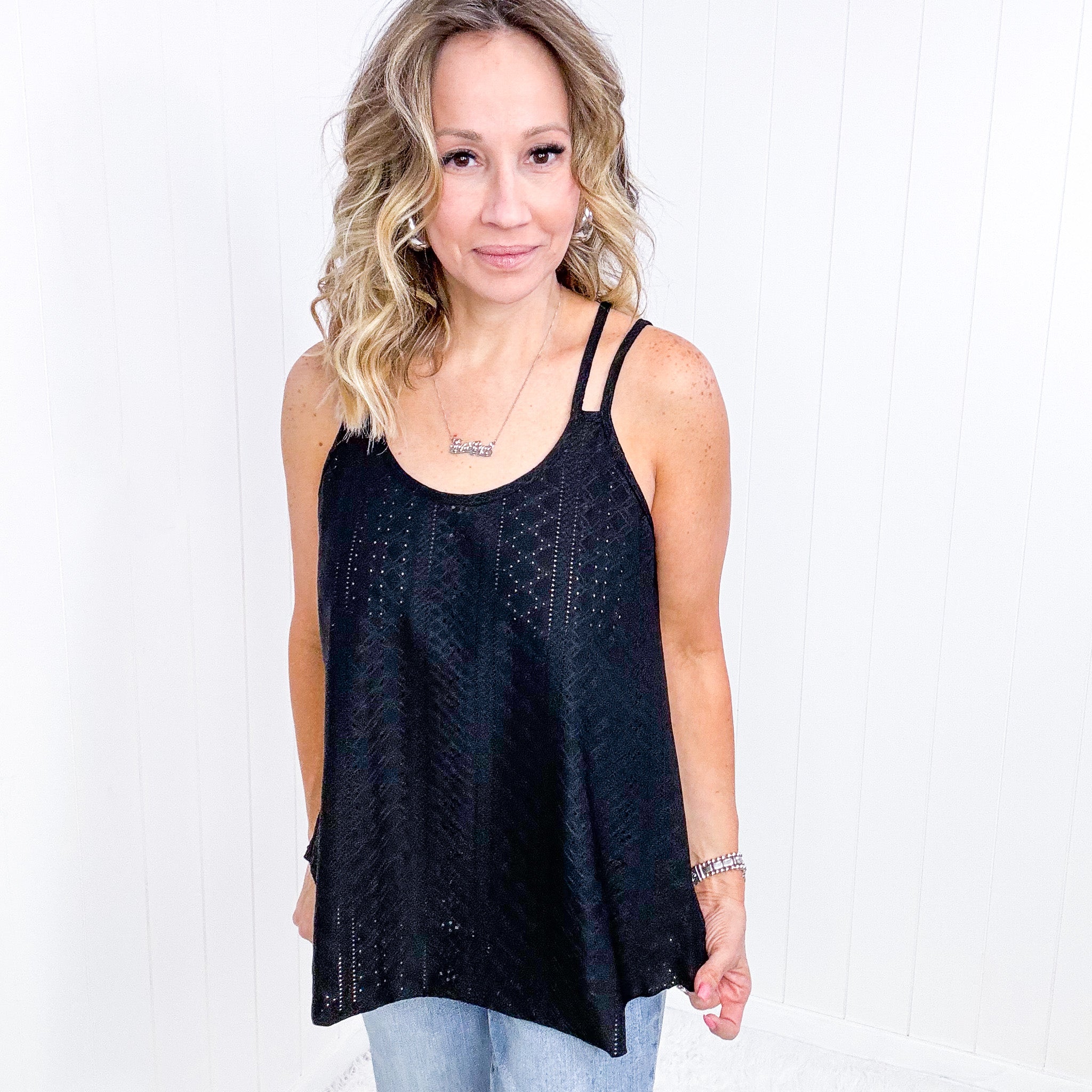 Black Eye on the Prize Eyelet Tank Top in Black