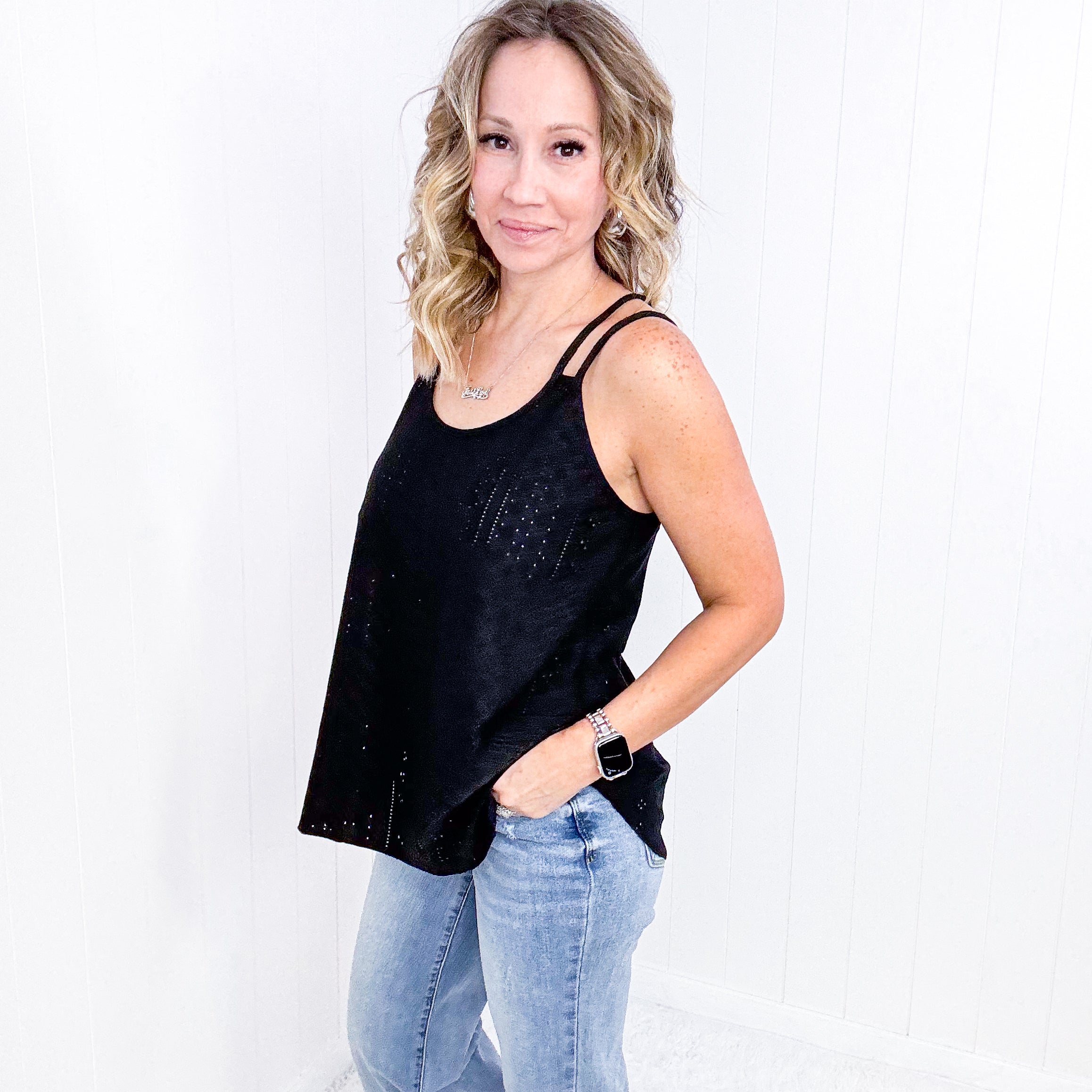 Black Eye on the Prize Eyelet Tank Top in Black