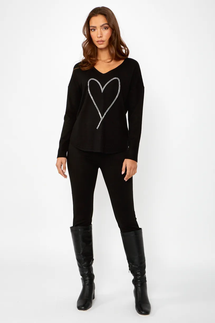 Black Knit Sweater with Rhinestone Heart