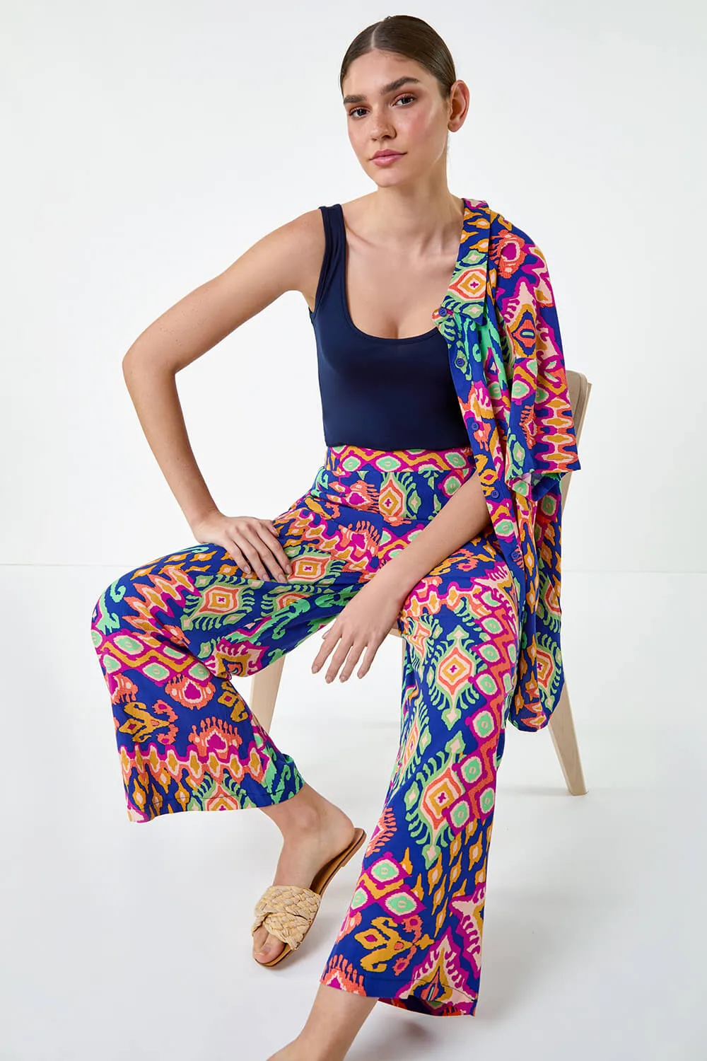 Blue Aztec Print Wide Leg Stretch Trouser | Roman UK