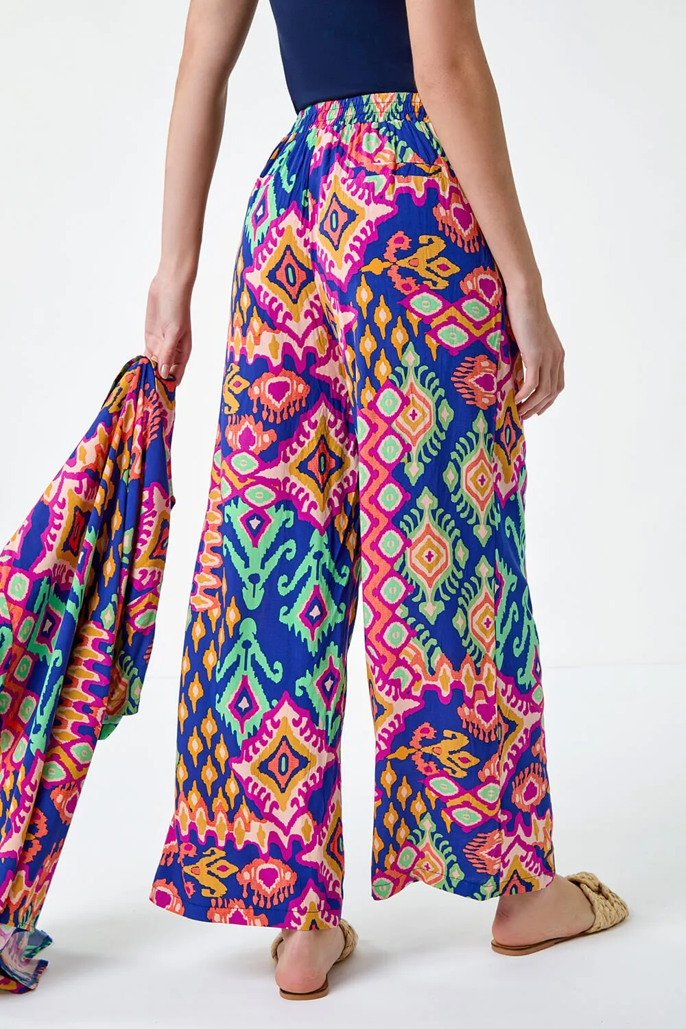 Blue Aztec Print Wide Leg Stretch Trouser | Roman UK