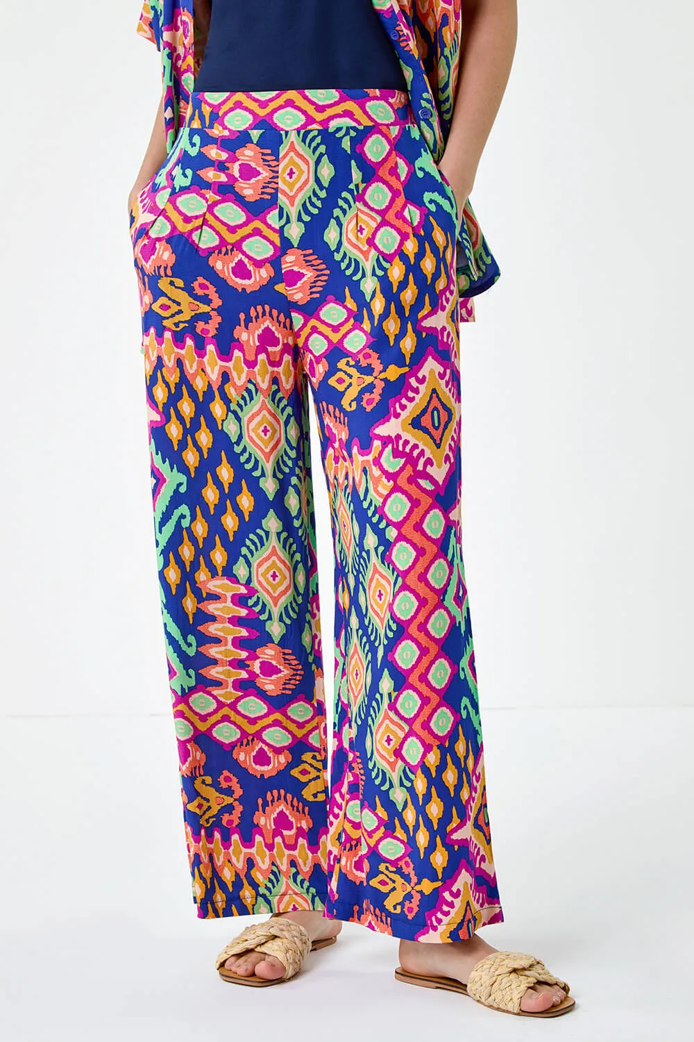 Blue Aztec Print Wide Leg Stretch Trouser | Roman UK