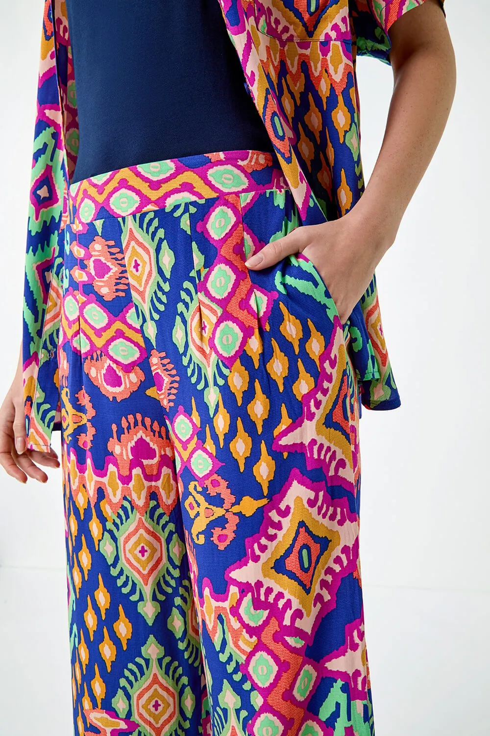 Blue Aztec Print Wide Leg Stretch Trouser | Roman UK