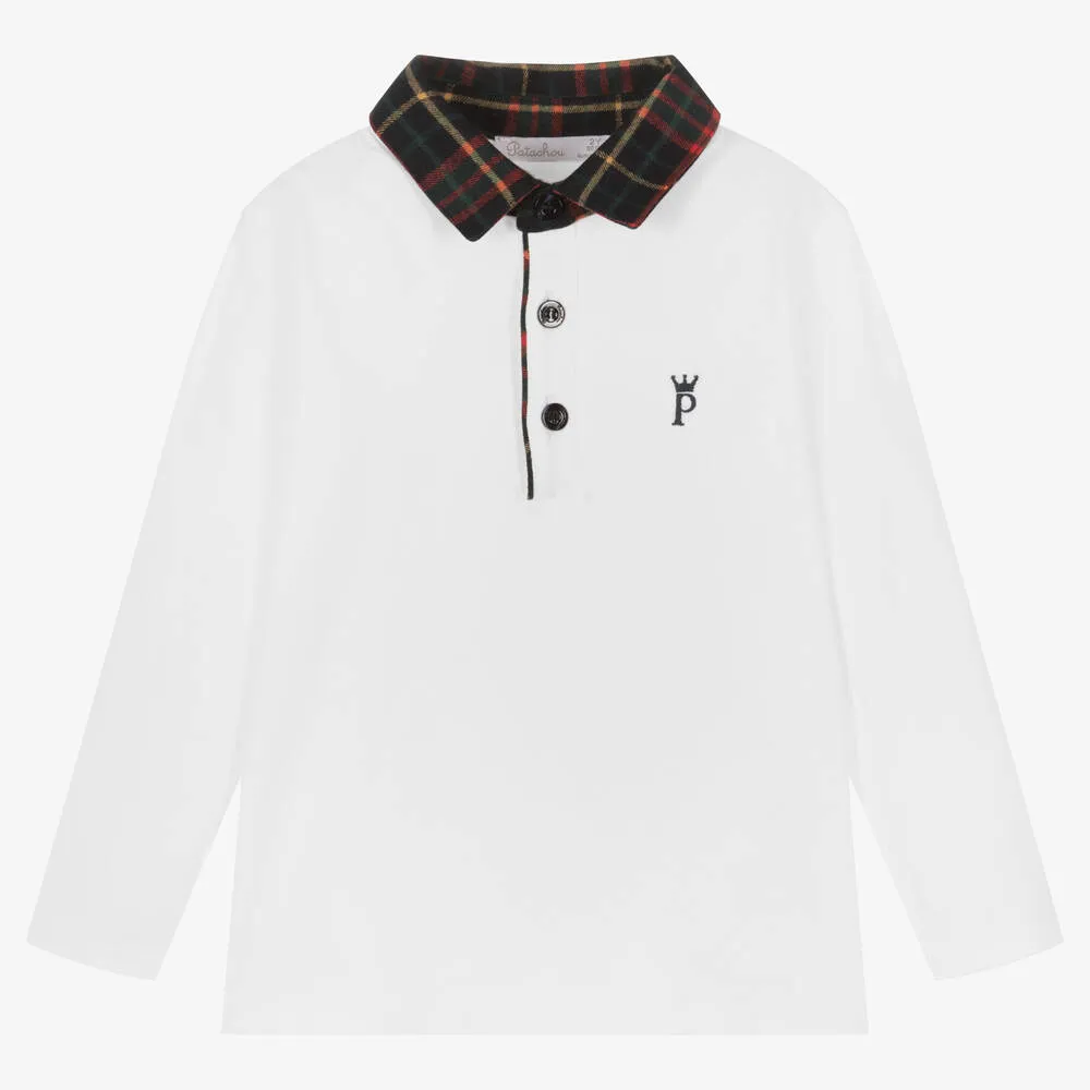 Boys White Cotton & Tartan Polo Top 