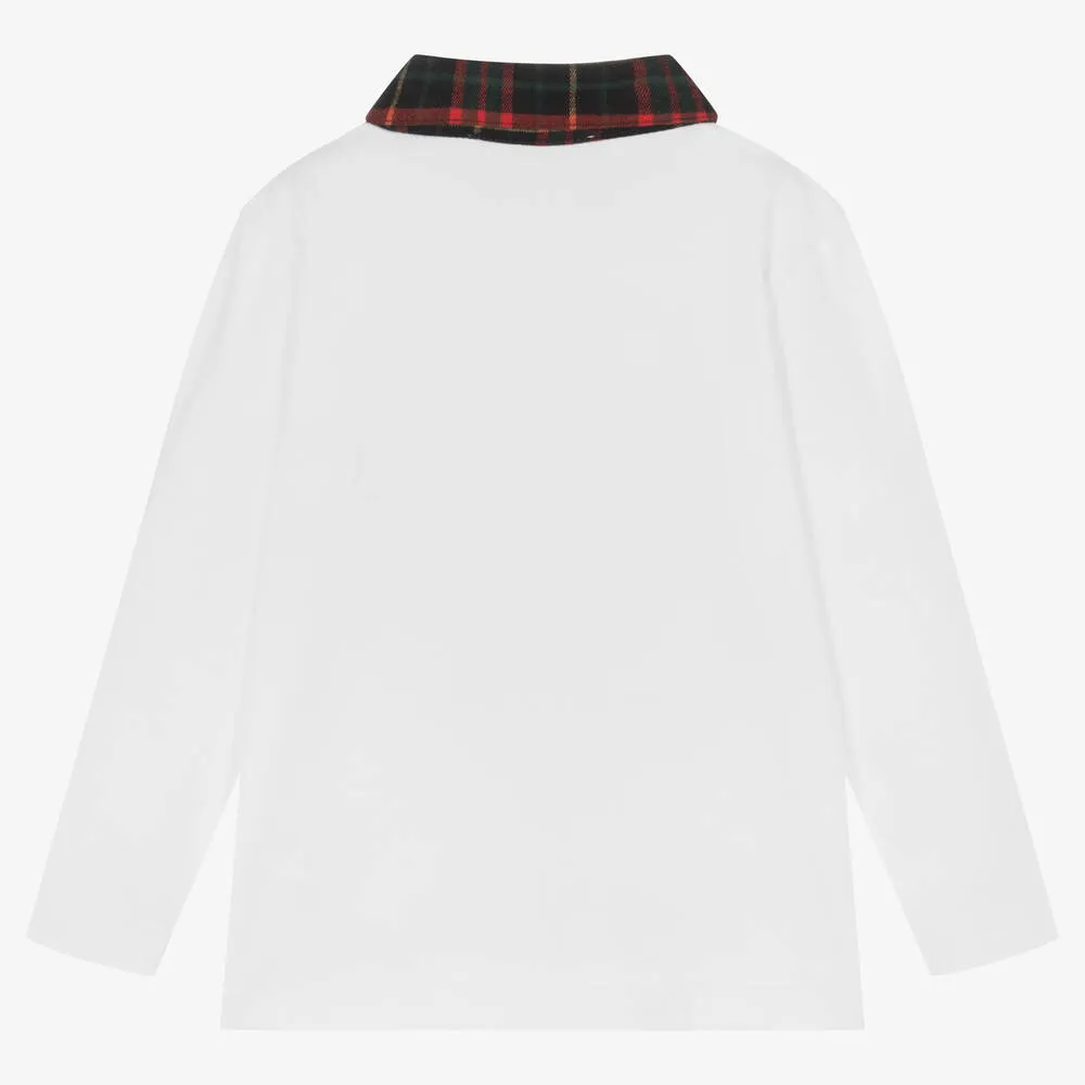 Boys White Cotton & Tartan Polo Top 