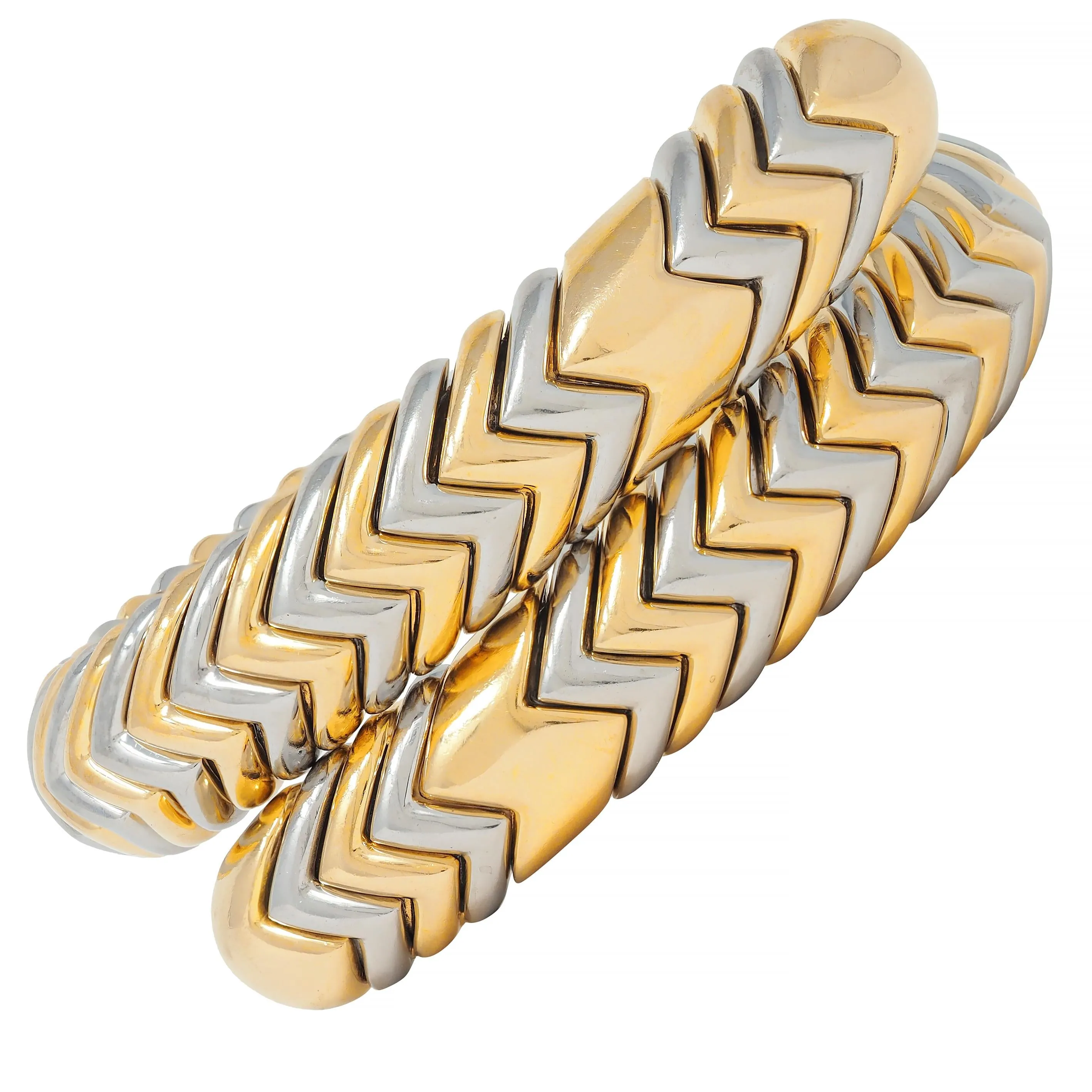 Bulgari 1990's 18 Karat Yellow Gold Stainless Steel Chevron Spiga Wrap Vintage Bangle Bracelet