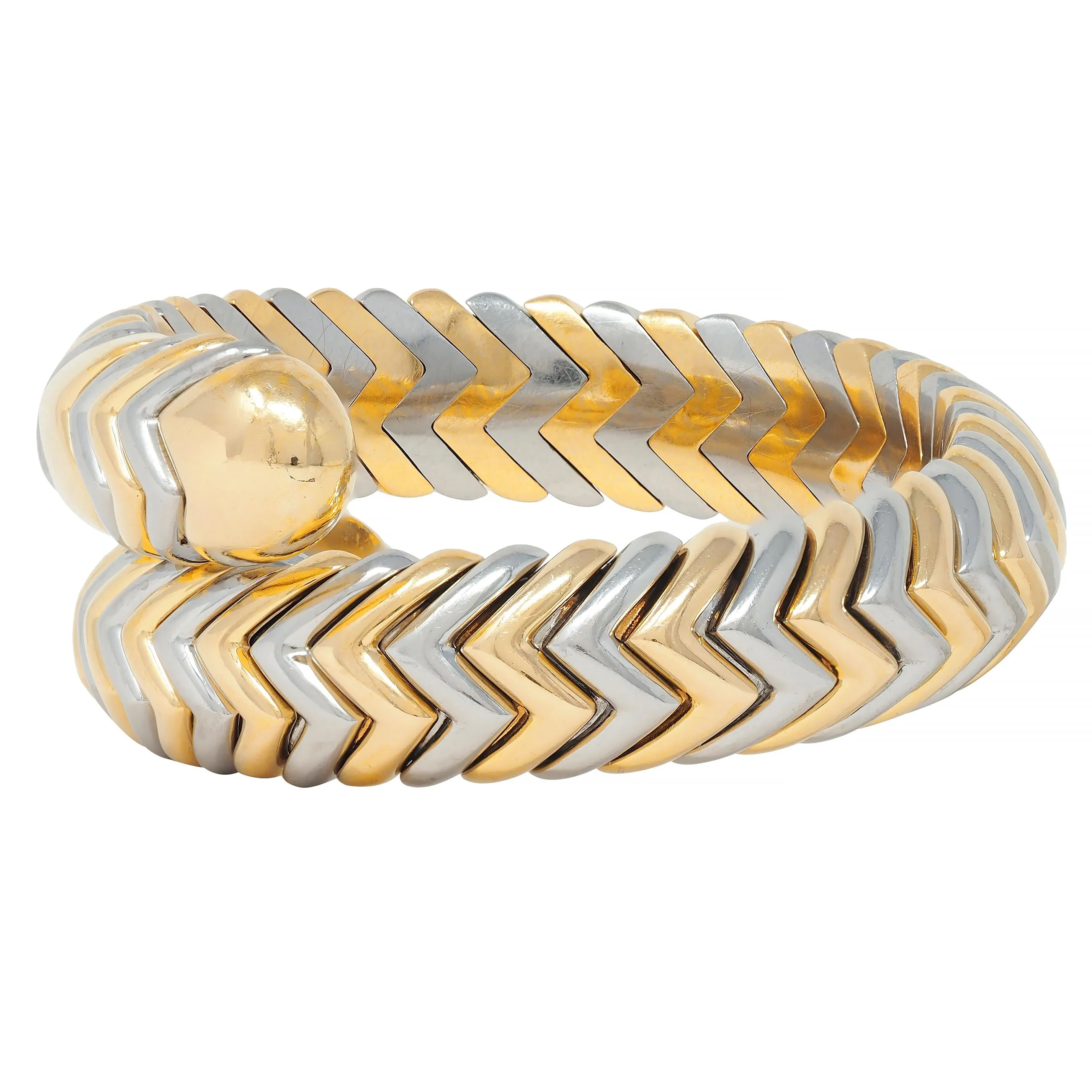 Bulgari 1990's 18 Karat Yellow Gold Stainless Steel Chevron Spiga Wrap Vintage Bangle Bracelet