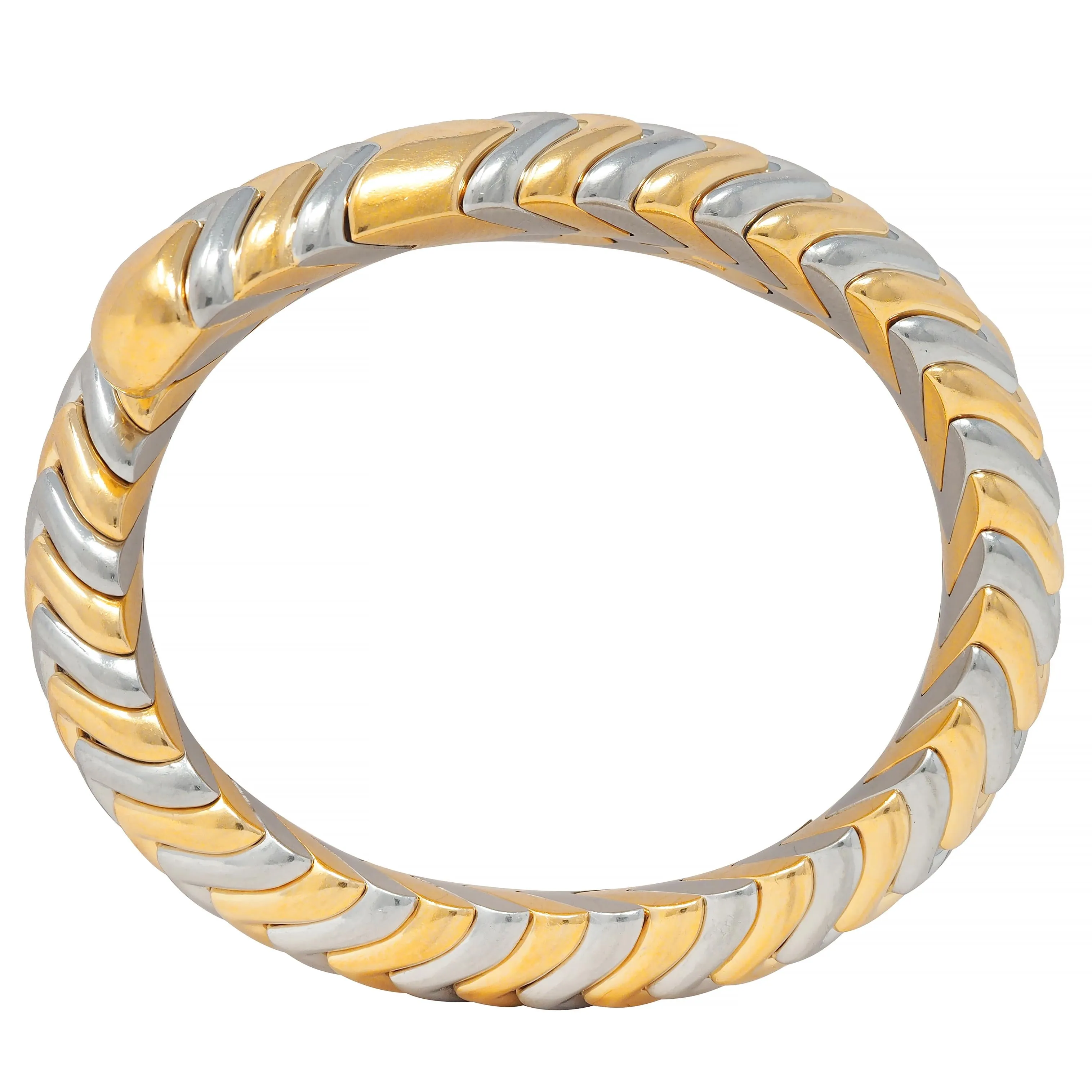 Bulgari 1990's 18 Karat Yellow Gold Stainless Steel Chevron Spiga Wrap Vintage Bangle Bracelet