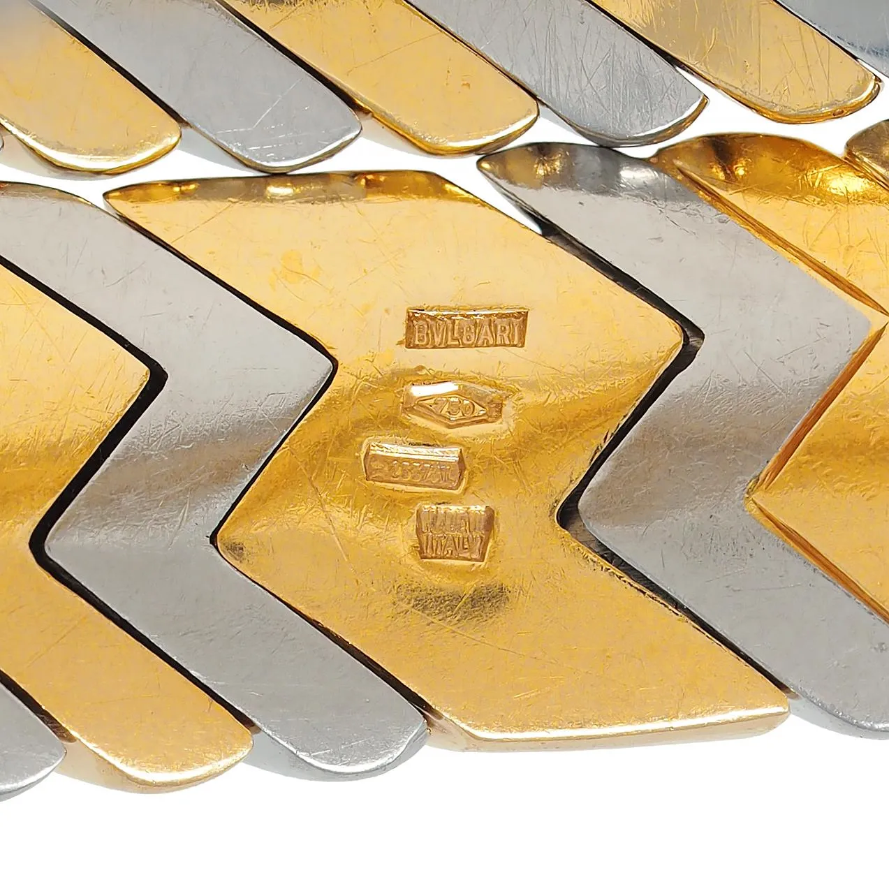 Bulgari 1990's 18 Karat Yellow Gold Stainless Steel Chevron Spiga Wrap Vintage Bangle Bracelet