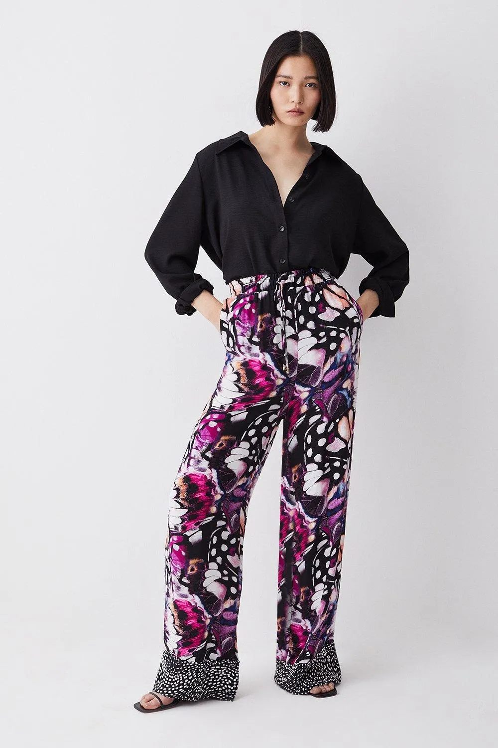 Butterfly Print Woven Wide Leg Trouser | Karen Millen