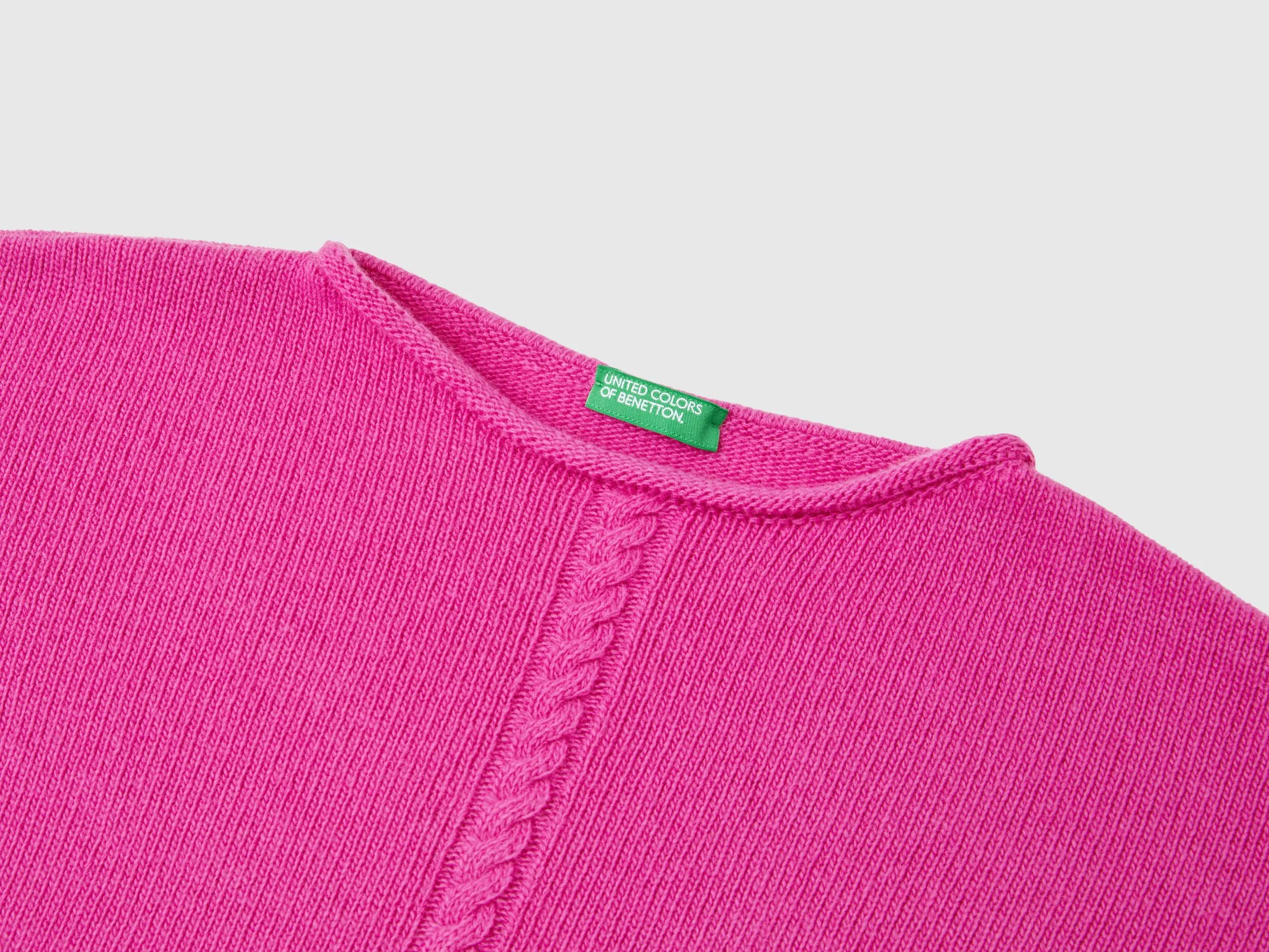 Cable knit sweater in wool blend - Fuchsia | Benetton