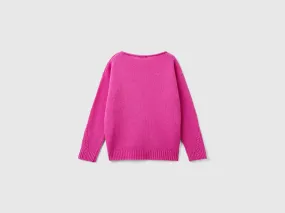 Cable knit sweater in wool blend - Fuchsia | Benetton