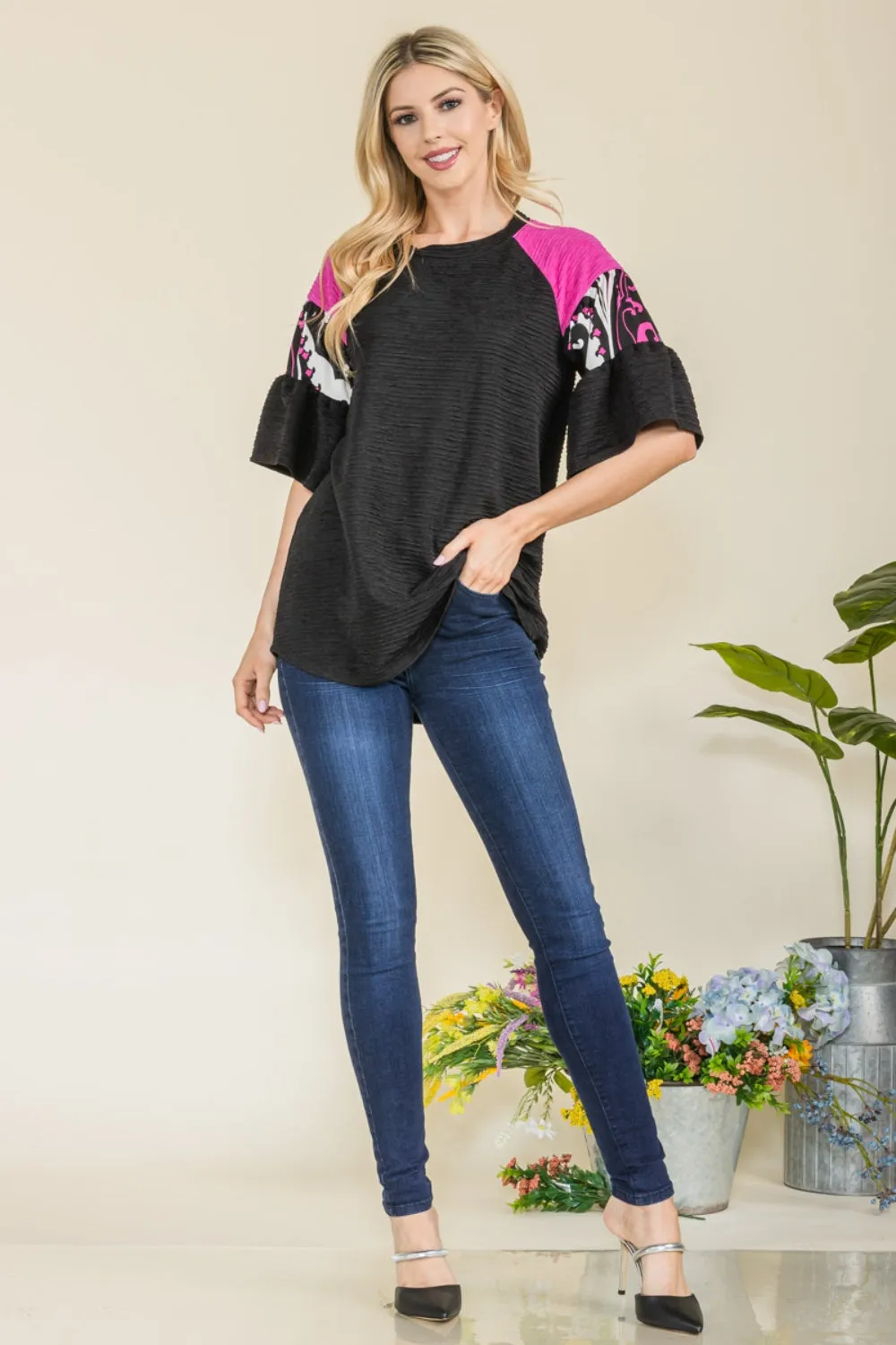 Celeste Full Size Texture Printed Color Block Top