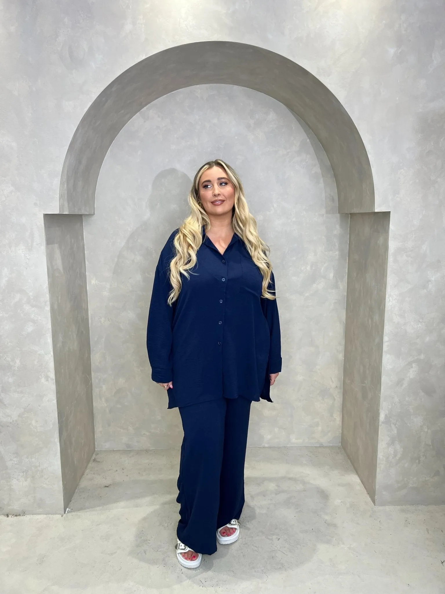 Curve Collared Shirt And Wide Leg Trouser Set