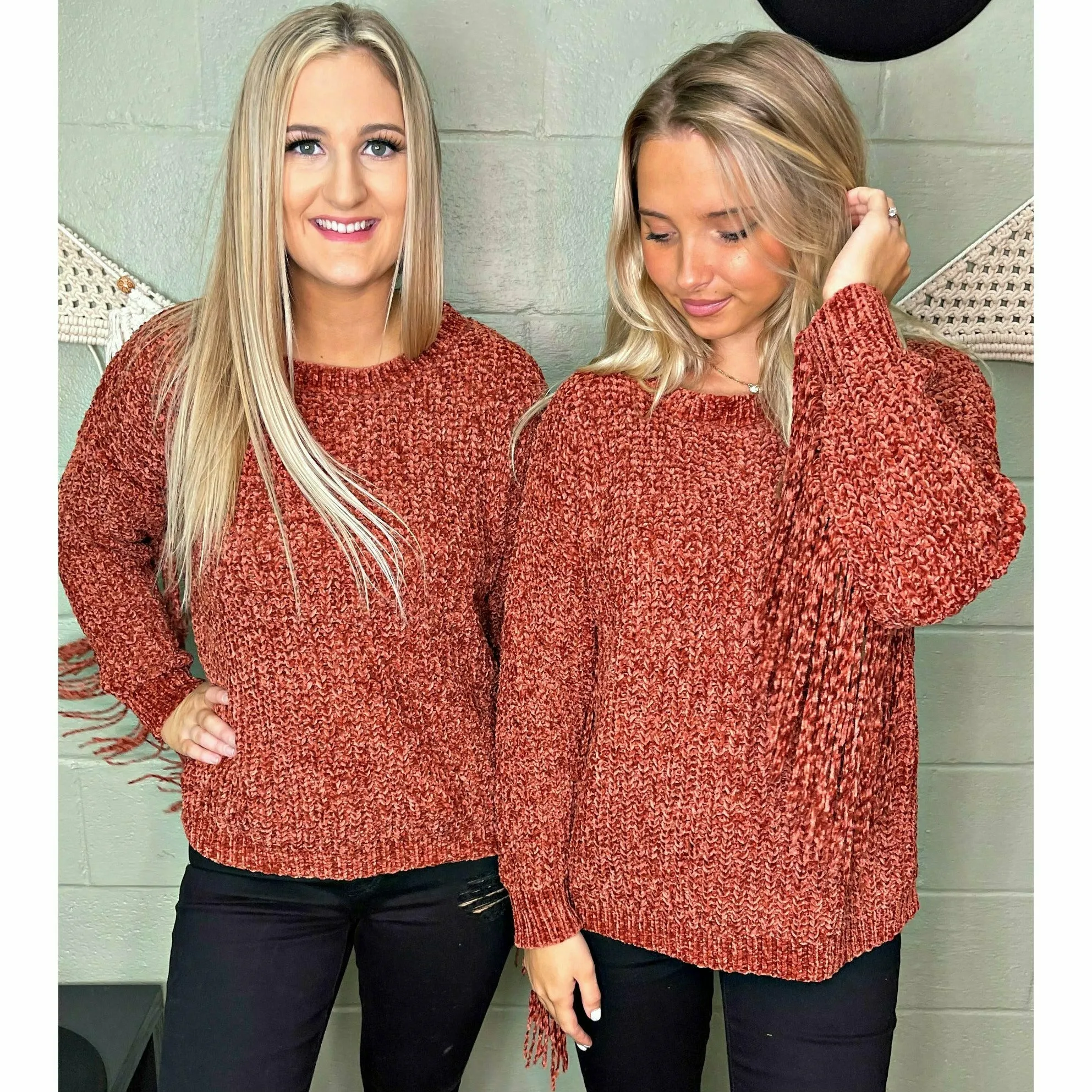 Deep Rust Chenille Sweater with Fringe Sleeve