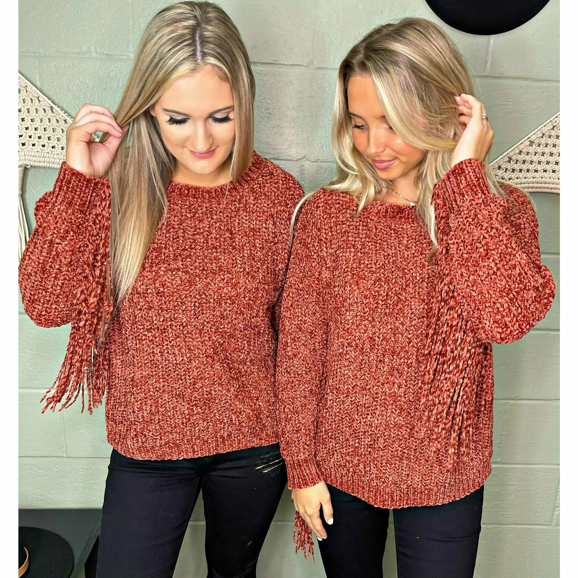 Deep Rust Chenille Sweater with Fringe Sleeve