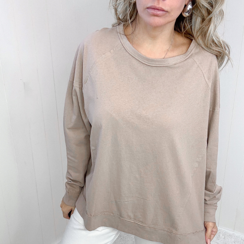 Feels Right Beige Oversized Boxy Long Sleeve Top