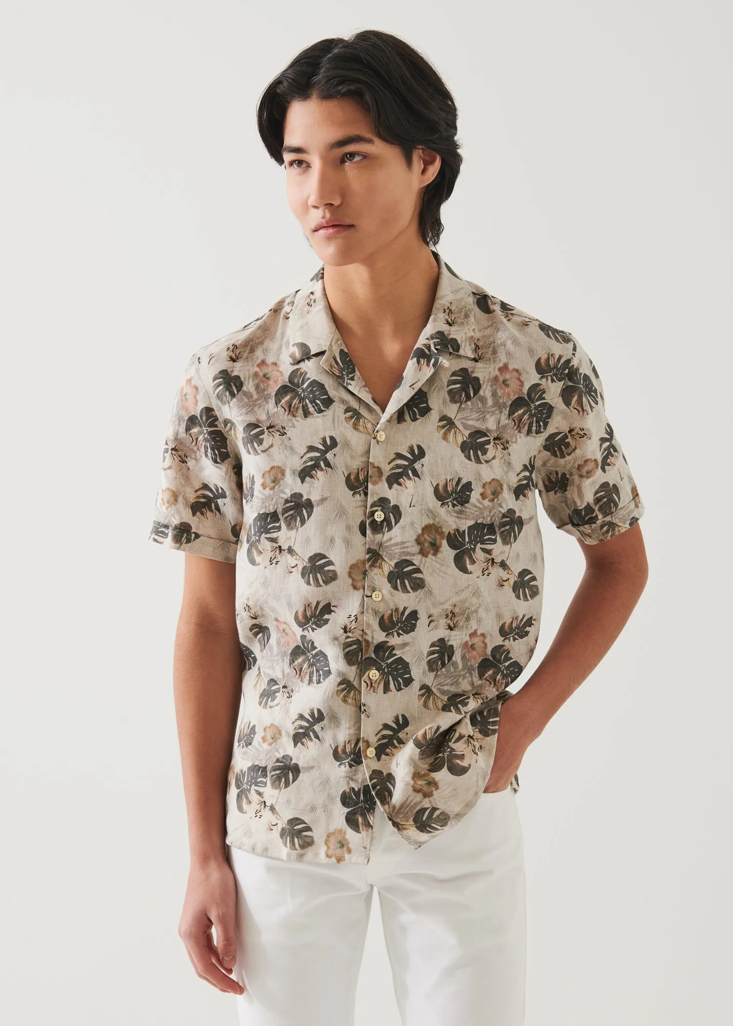 FLORAL LEAF PRINT LINEN SHIRT