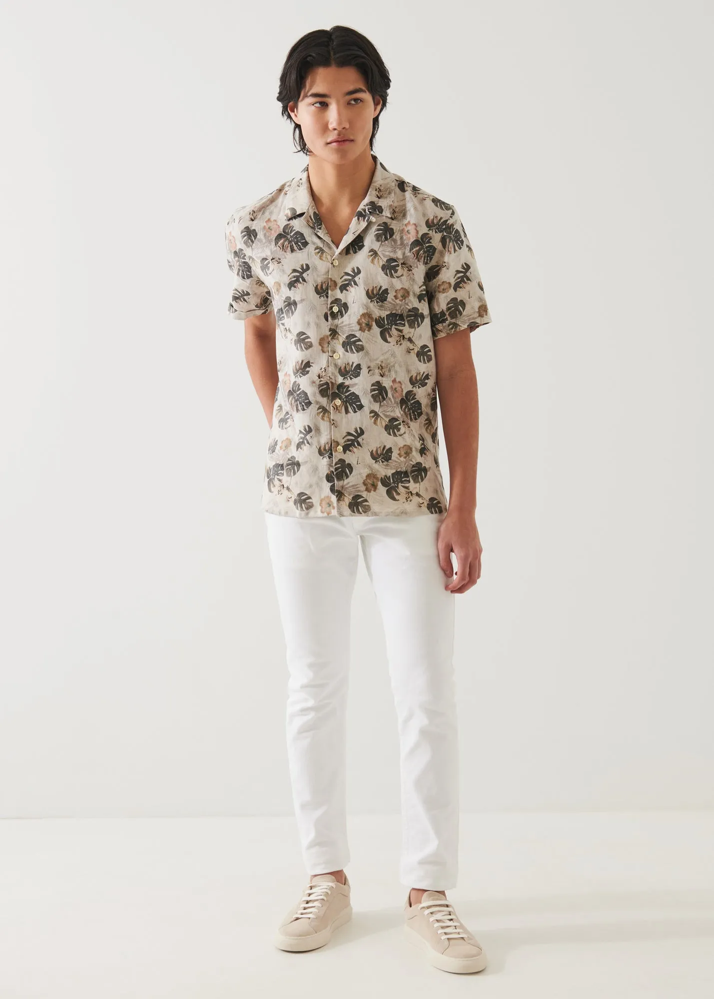 FLORAL LEAF PRINT LINEN SHIRT