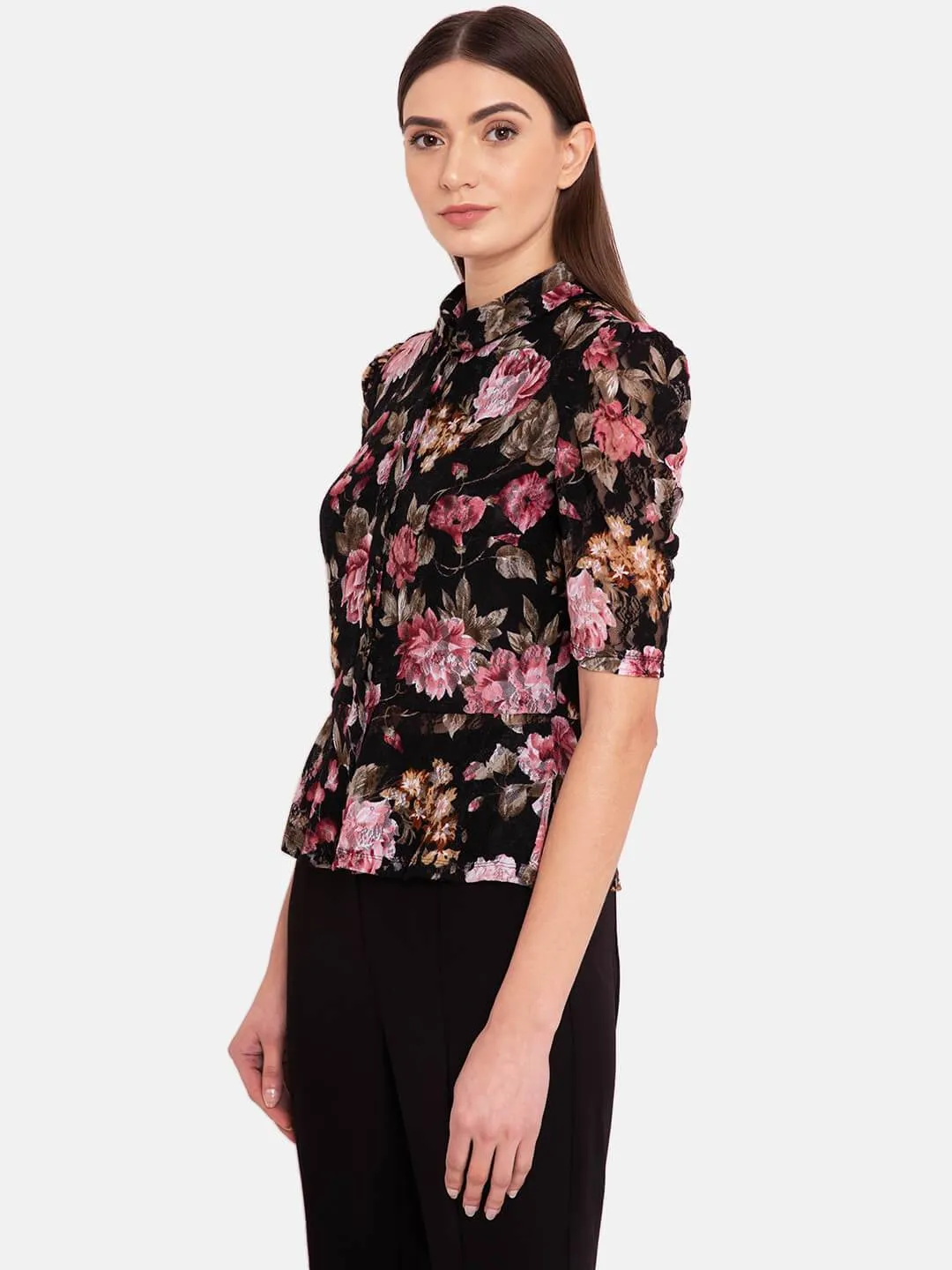 Floral Print Peplum Lace Shirt