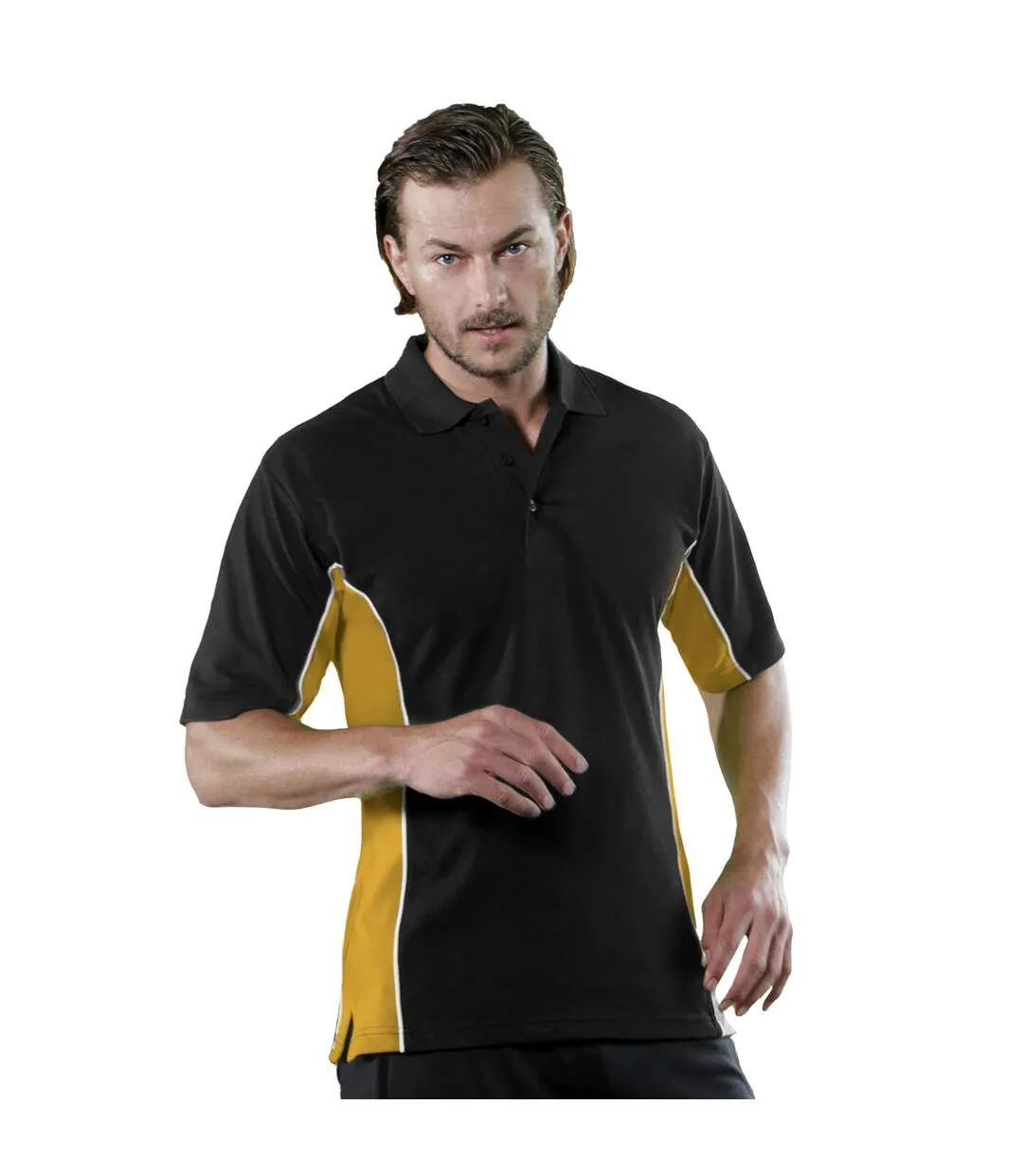 Gamegear® Mens Track Pique Short Sleeve Polo Shirt Top (Black/Gold/White) - UTBC412