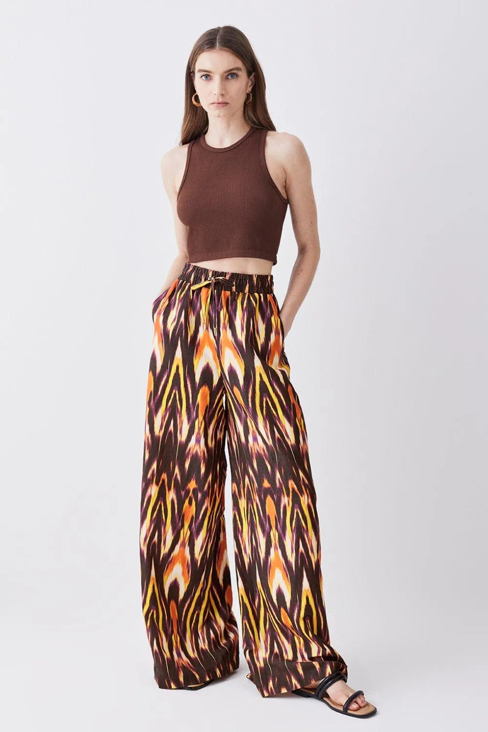 Ikat Printed Linen Wide Leg Woven Trouser | Karen Millen