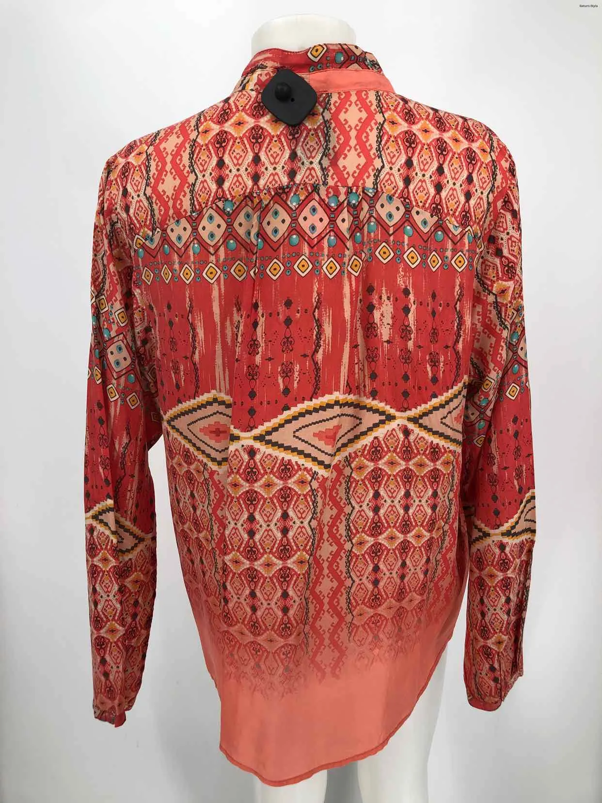 JOHNNY WAS Pink Orange Multi Silk Print Longsleeve Size LARGE  (L) Top