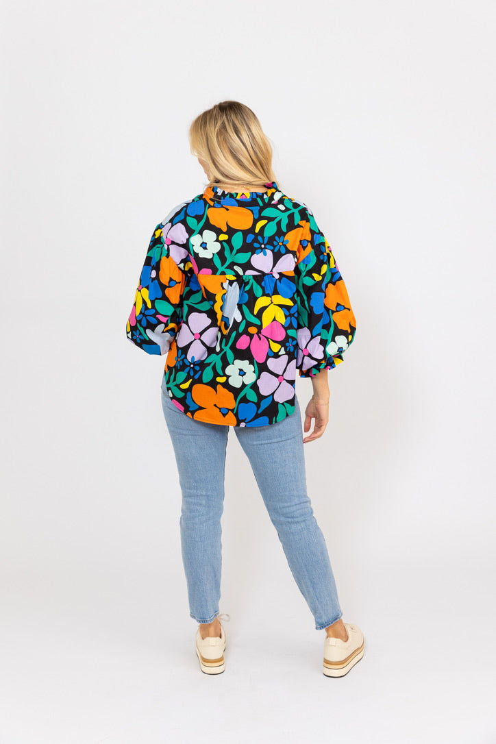 Large Floral Poplin Vneck Top