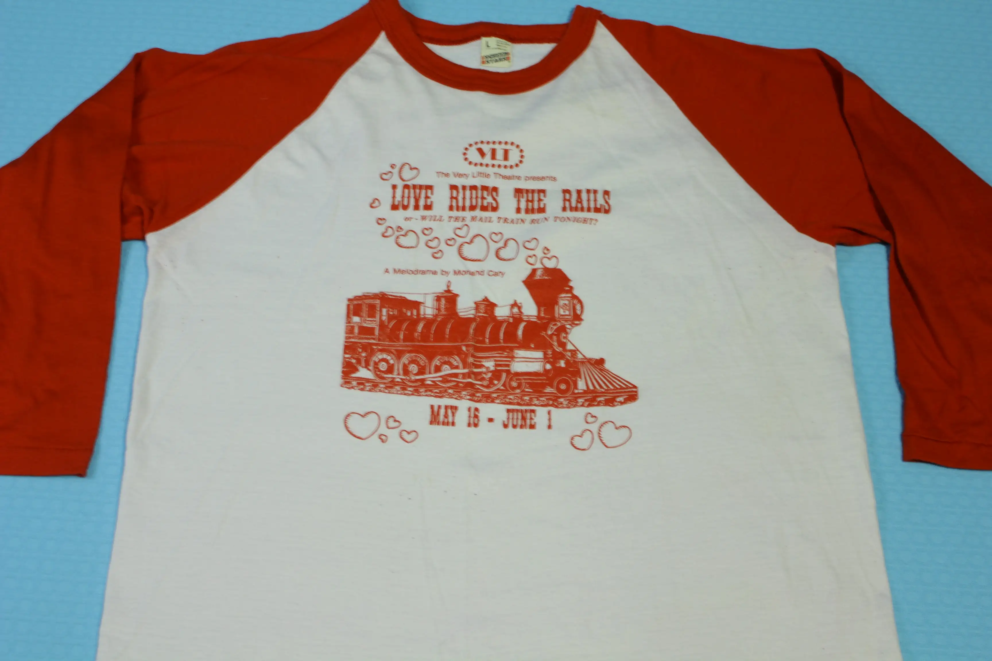 Love Rides The Rails Vintage 80's Very Little Theatre Will The Mail Train Run Tonight Raglan T-Shirt