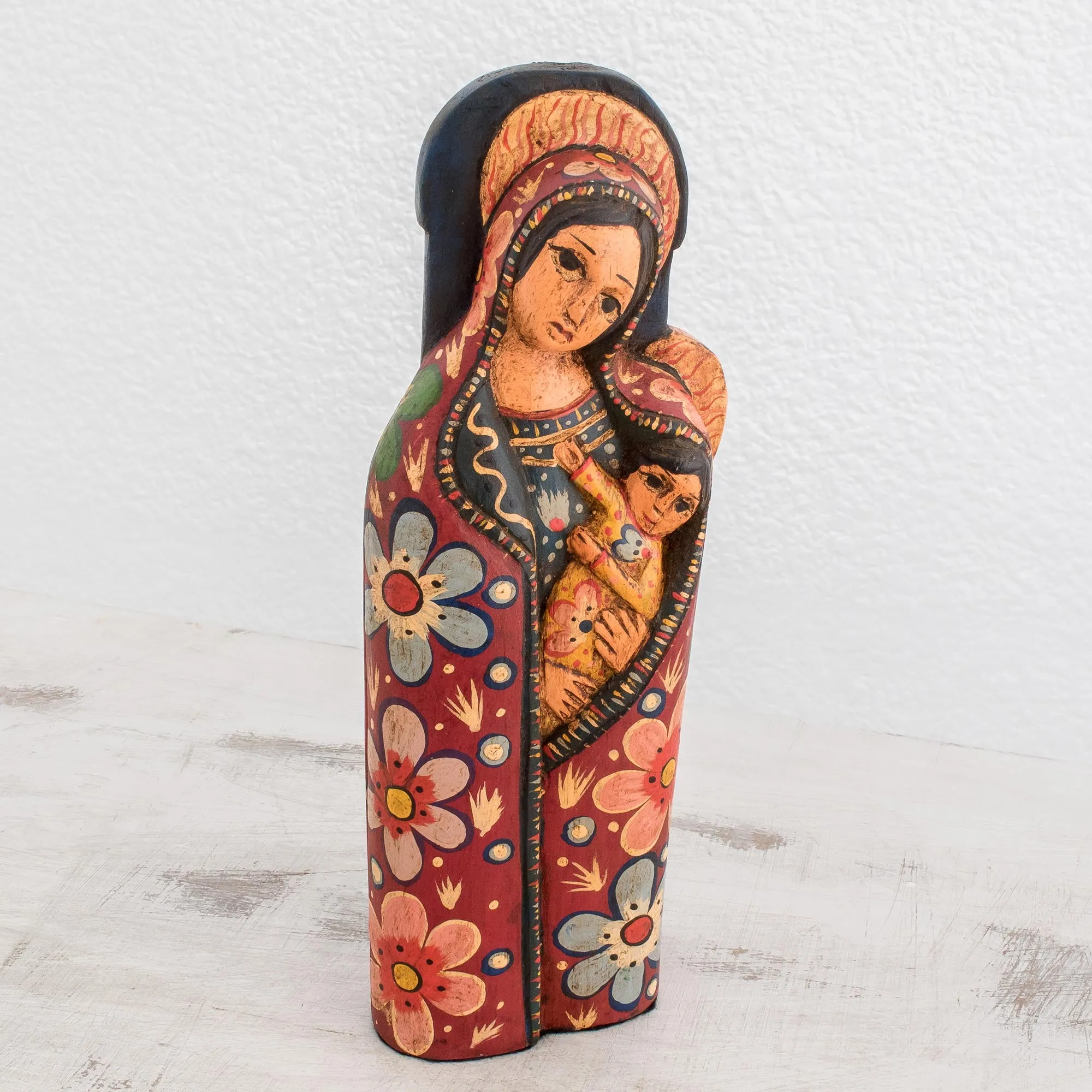 Mother of Love Hand-Carved Wood Mary and Jesus Statuette from Guatemala