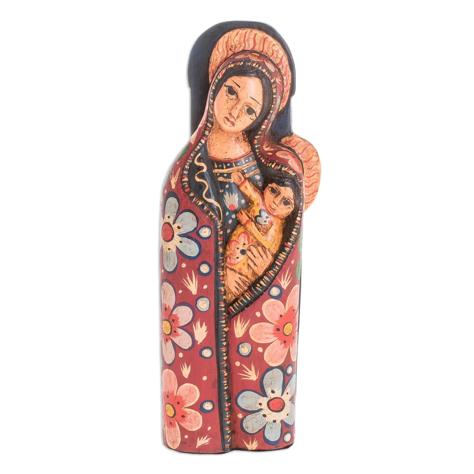 Mother of Love Hand-Carved Wood Mary and Jesus Statuette from Guatemala