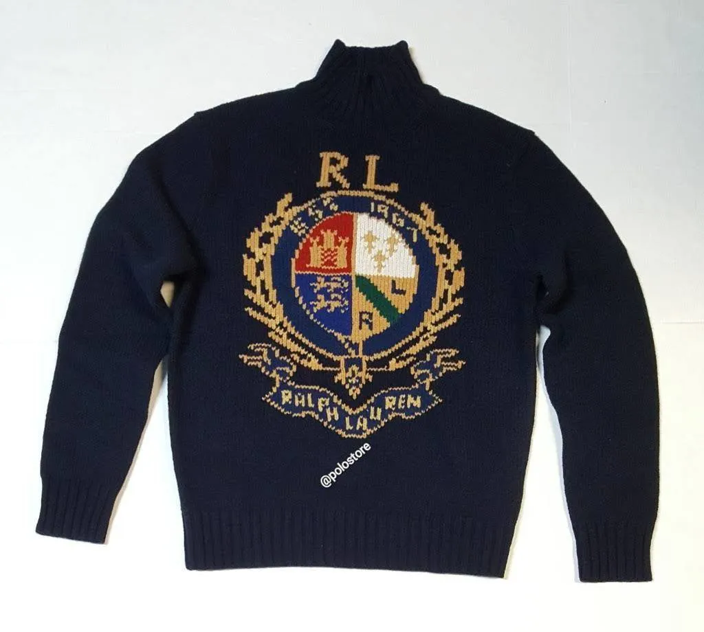 Nwt Polo Ralph Lauren Navy Crest Mock Neck Wool  Sweater