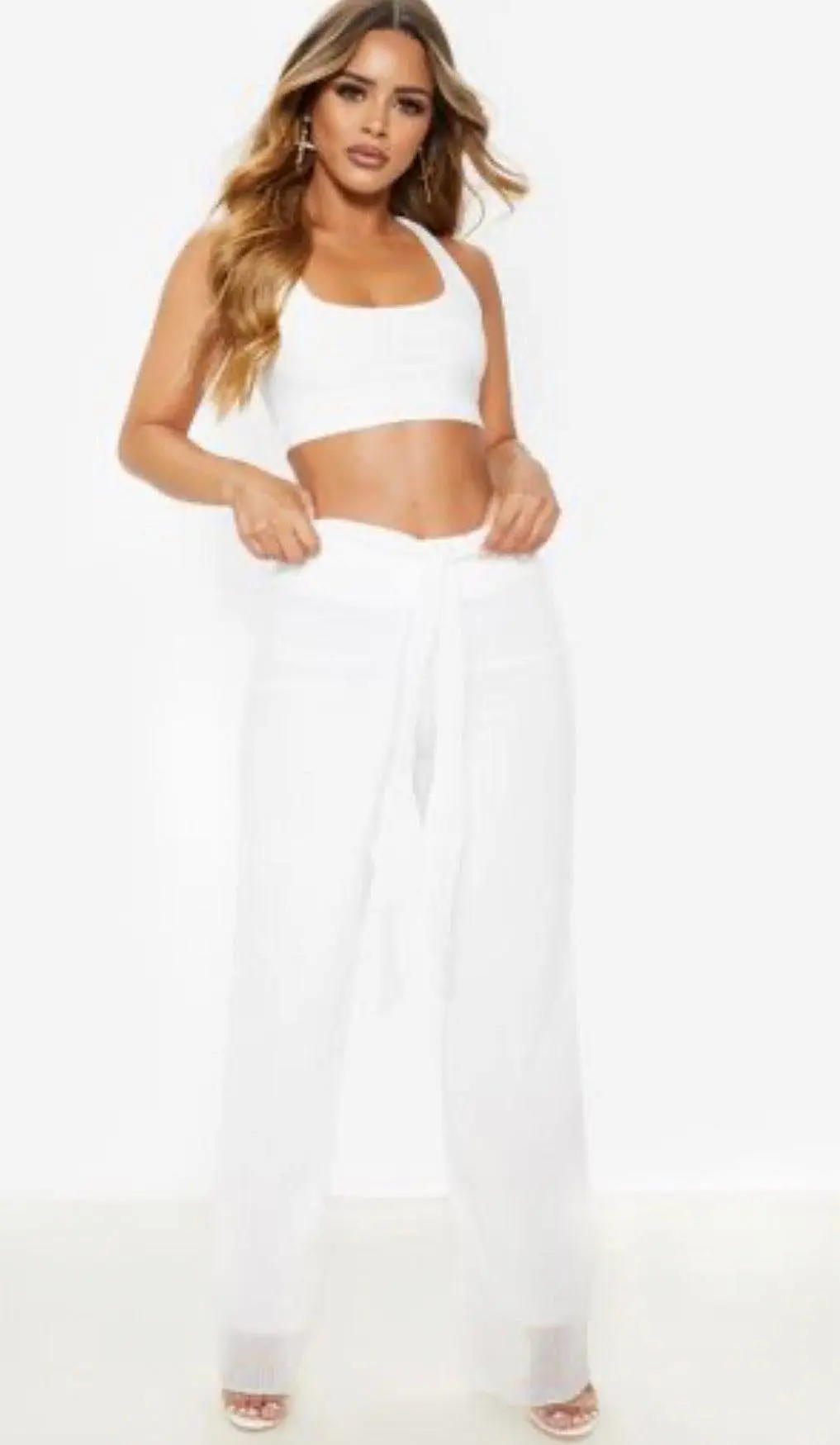 PLT White Tie Waist Pleated Chiffon Wide Leg Trouser