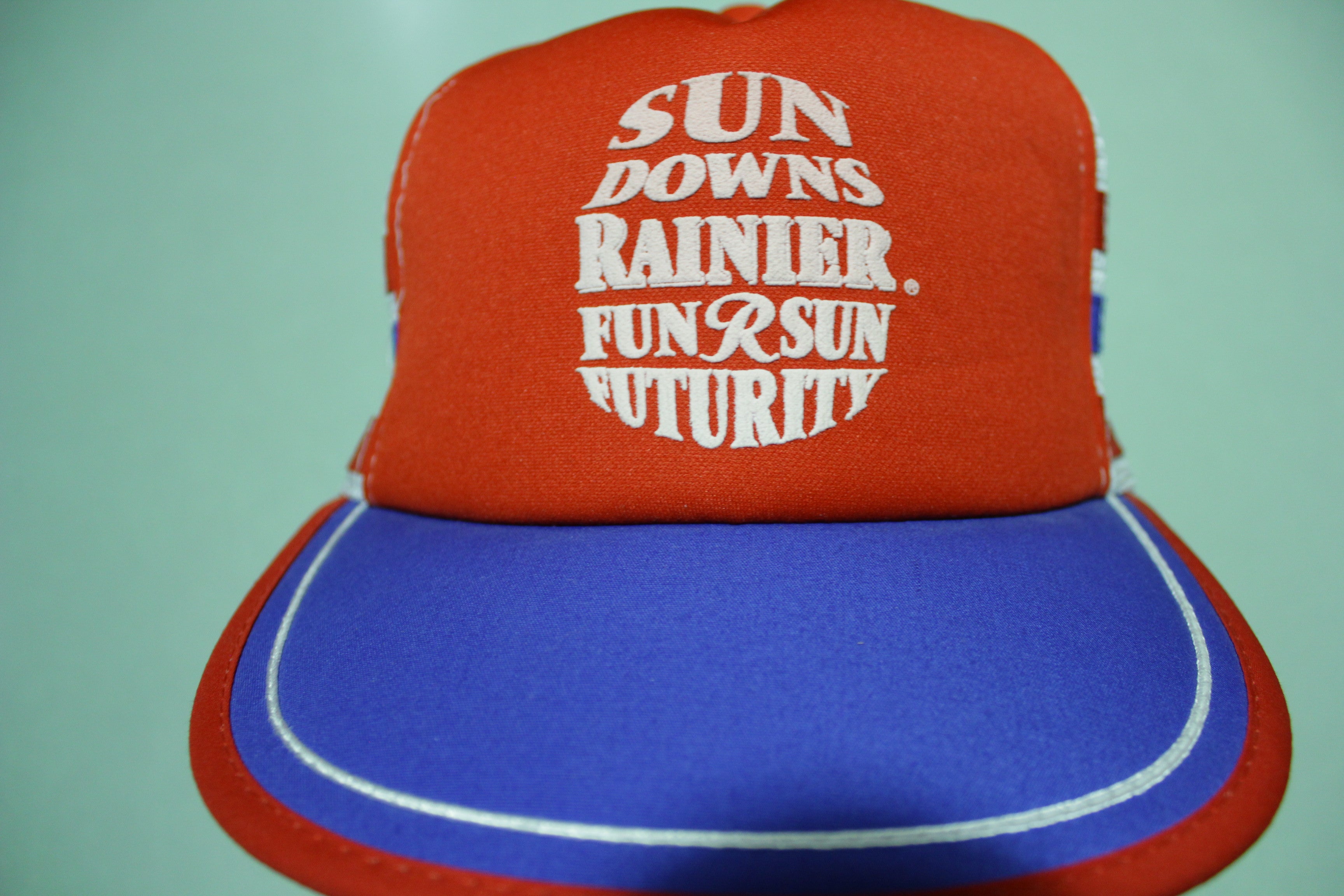 Rainier Beer Vintage 80's Sun Downs Fun Sun Futurity 3 Stripe Snapback Trucker Hat Cap