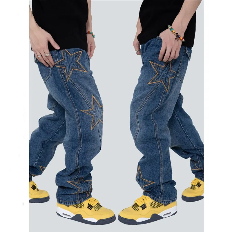 Retro Wash Jeans Men Embroidered Stars Straight Denim Pants Neutral Trousers Clothing XL