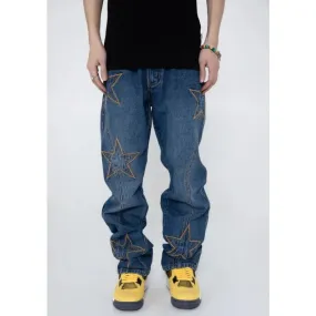 Retro Wash Jeans Men Embroidered Stars Straight Denim Pants Neutral Trousers Clothing XL