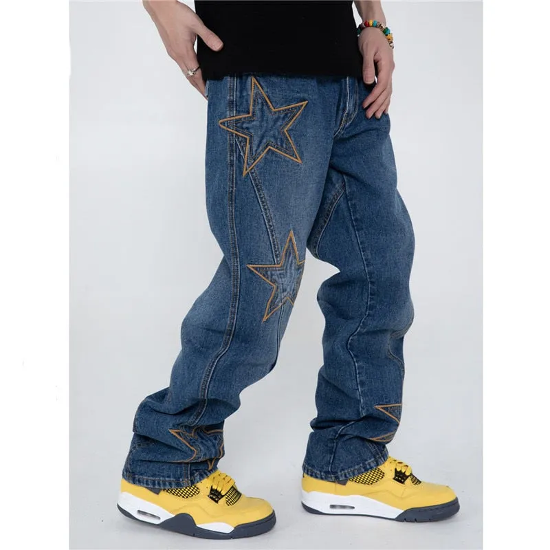 Retro Wash Jeans Men Embroidered Stars Straight Denim Pants Neutral Trousers Clothing XL