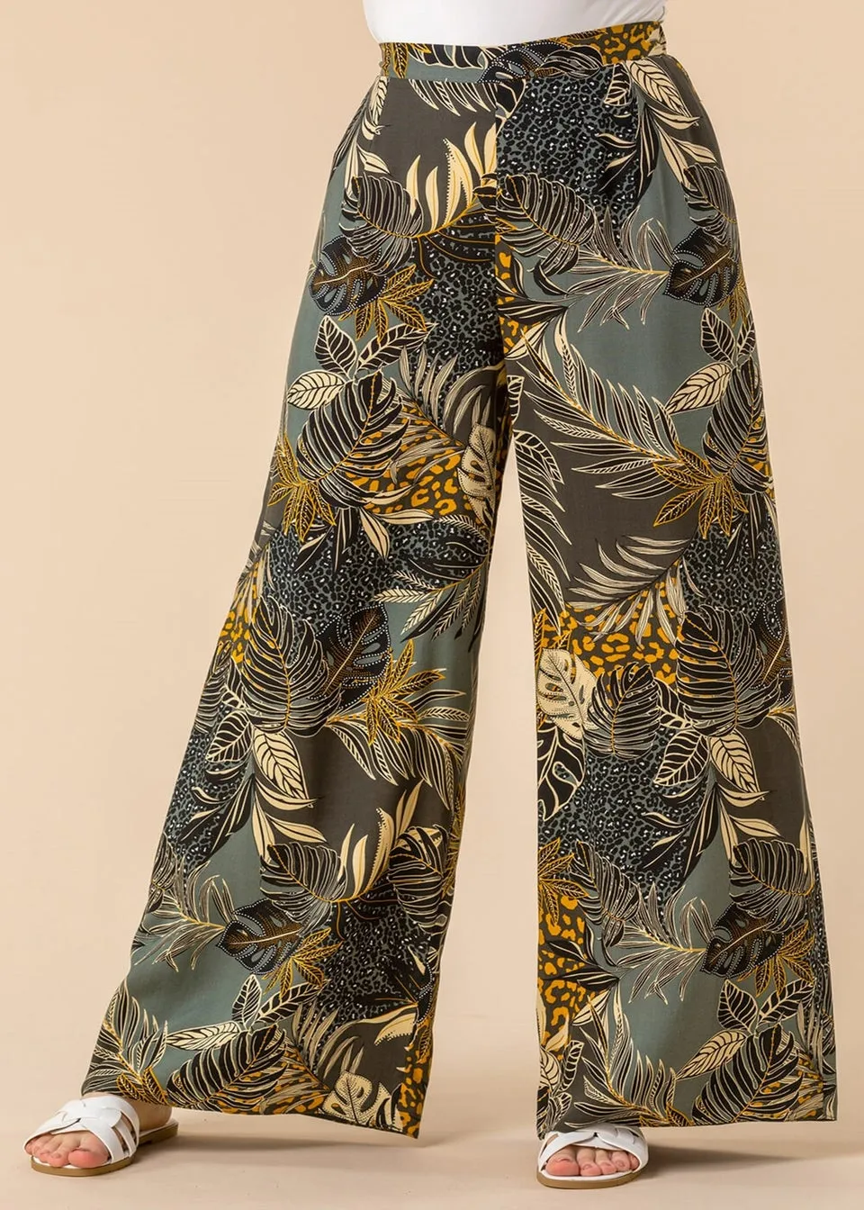 Roman Green Tropical Print Elastic Waist Wide Leg Trouser