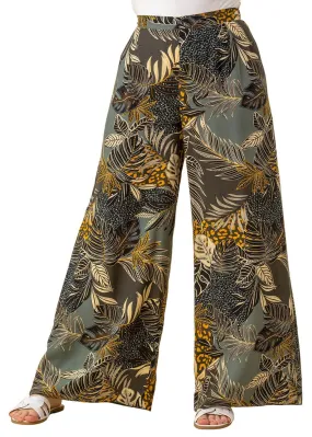 Roman Green Tropical Print Elastic Waist Wide Leg Trouser