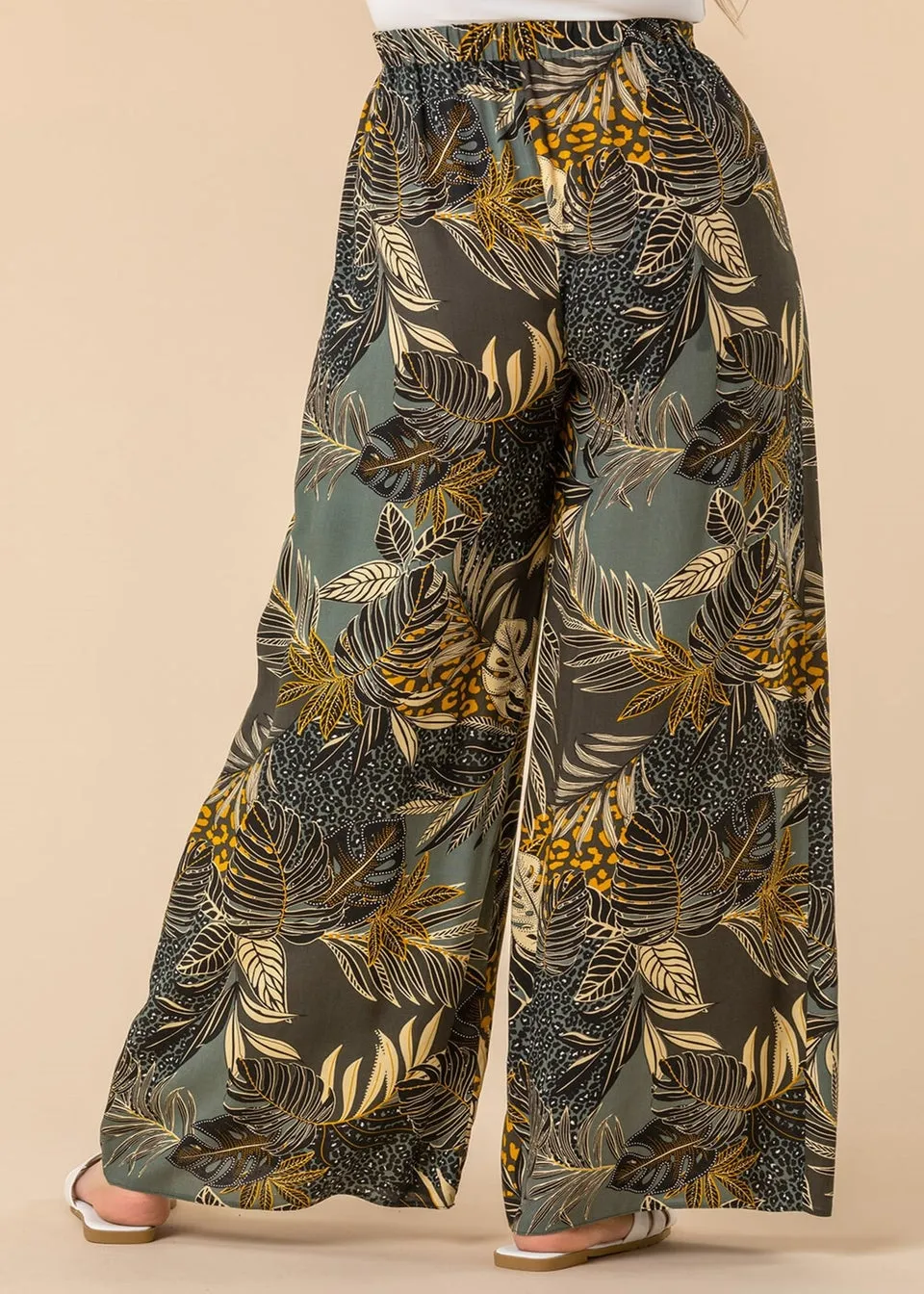 Roman Green Tropical Print Elastic Waist Wide Leg Trouser