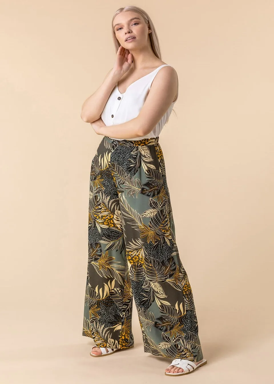 Roman Green Tropical Print Elastic Waist Wide Leg Trouser