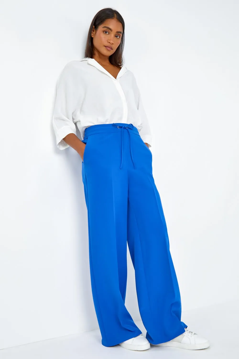 Royal Blue Wide Leg Tie Front Stretch Trouser | Roman UK