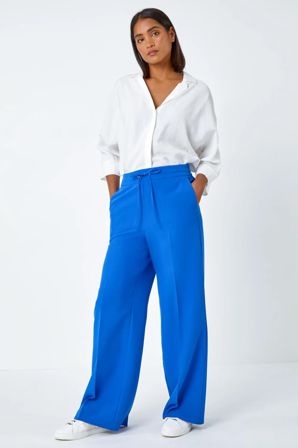 Royal Blue Wide Leg Tie Front Stretch Trouser | Roman UK