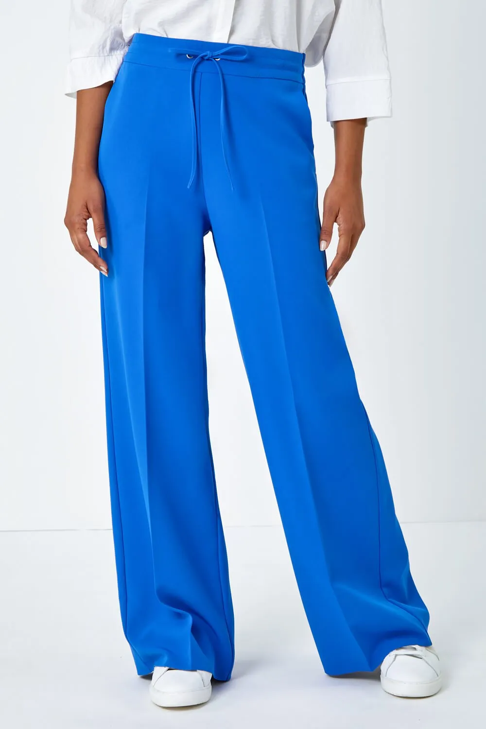 Royal Blue Wide Leg Tie Front Stretch Trouser | Roman UK