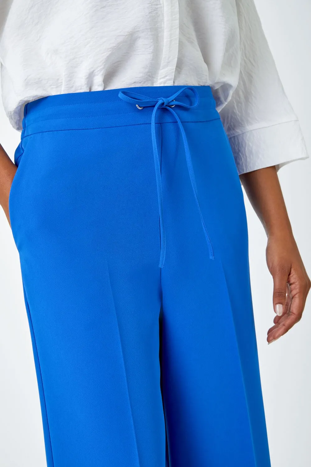 Royal Blue Wide Leg Tie Front Stretch Trouser | Roman UK